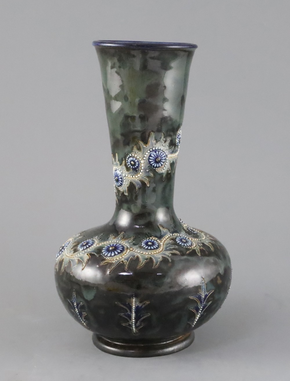 George Tinworth for Doulton Lambeth, a Persian shape bottle vase, dated 1880, 26cm, restored foot